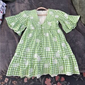 Sabo Skirt Green Gingham Dress with White Floral Embroidery